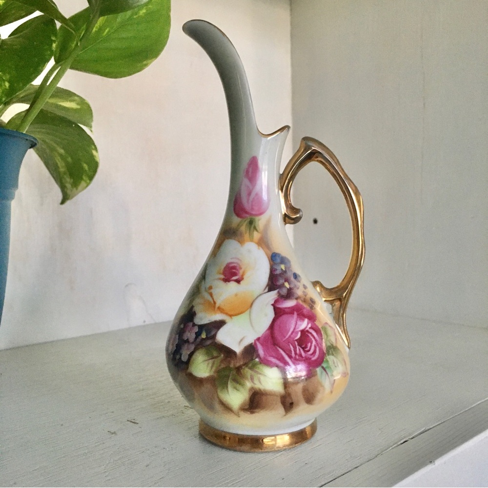 Vintage 50s 7" Gold Gilded Bud Vase Small Pitcher Roses | Ucagco Japan